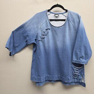 Wild Palms Shirt Womens XL Blue Ombre 3/4 Sleeve Cutout Hem Casual Top